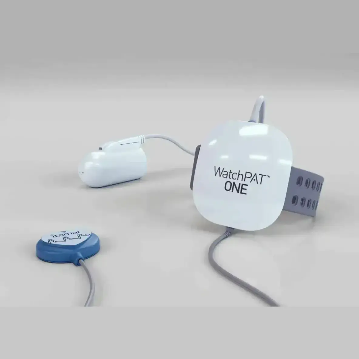WatchPAT ONE home sleep apnea test device with finger probe and chest sensor.