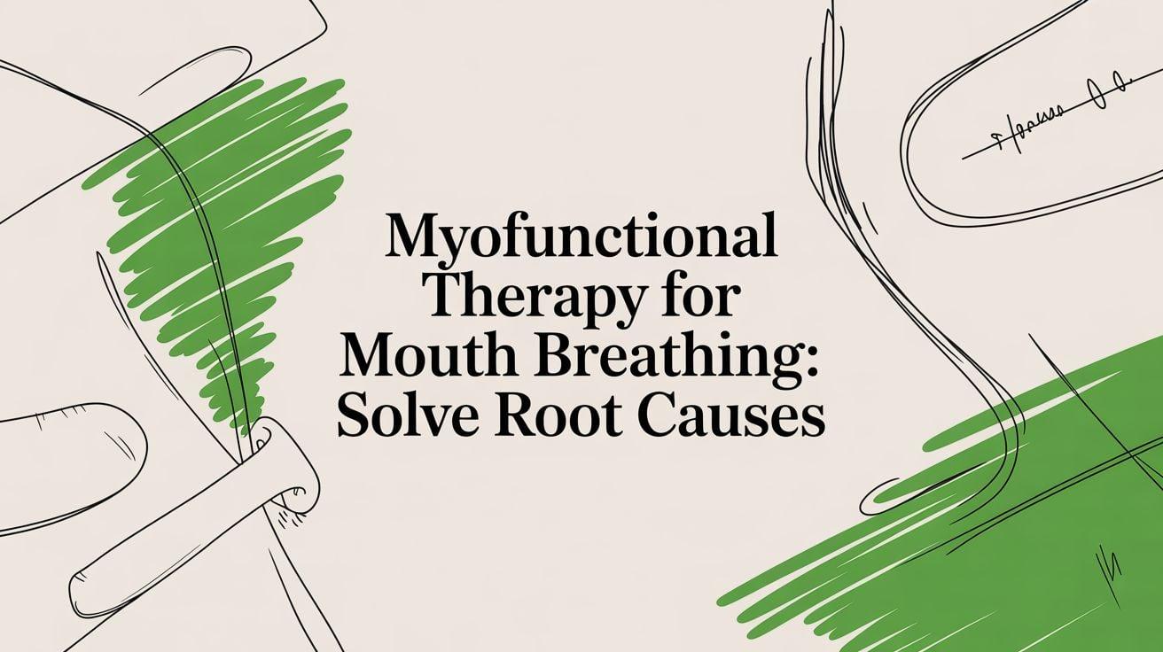 Poster-style banner with bold title: 'Myofunctional Therapy for Mouth Breathing: Solve Root Causes' and abstract green line art on beige background.