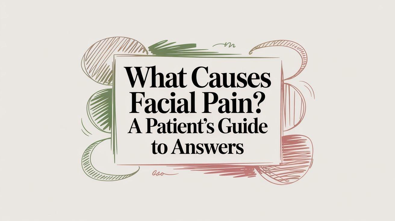 Title card: 'What Causes Facial Pain? A Patient's Guide to Answers' with decorative colored doodles around a central white panel.