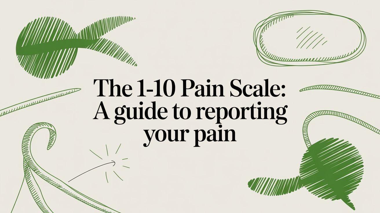 Title card: The 1-10 Pain Scale: A guide to reporting your pain, with green abstract doodles on a beige background.