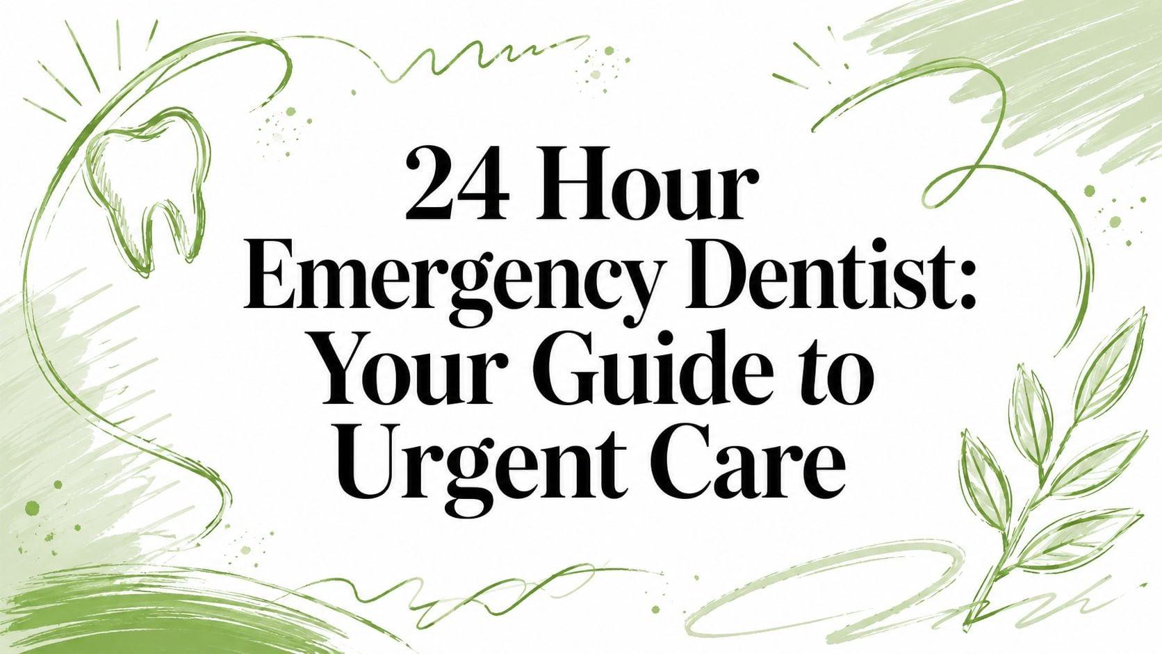 Banner with green abstract decorations and a tooth outline surrounding bold text: '24 Hour Emergency Dentist: Your Guide to Urgent Care'