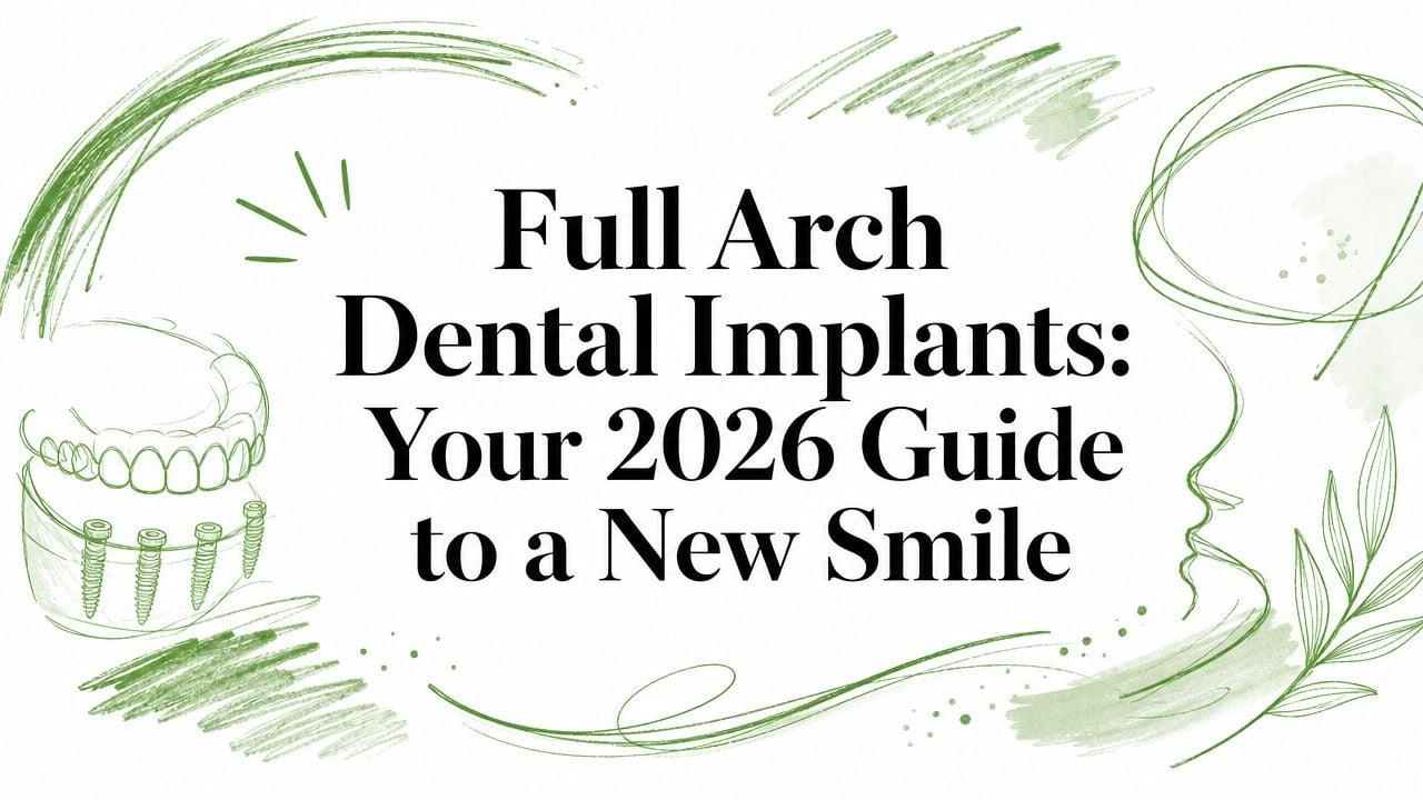 Full Arch Dental Implants: Your 2026 Guide to a New Smile (green dental sketch background)