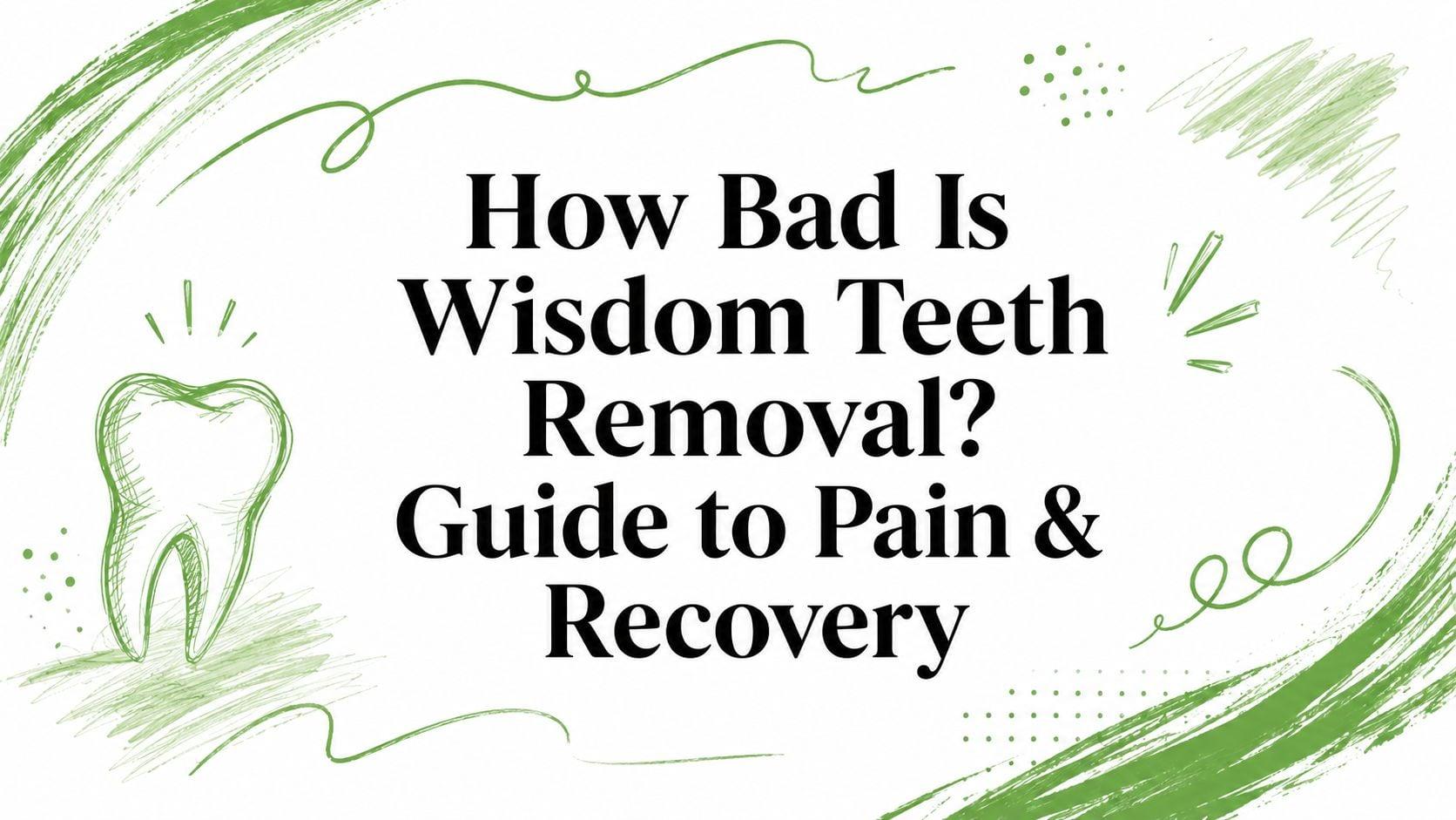 Header graphic with the title 'How Bad Is Wisdom Teeth Removal? Guide to Pain & Recovery' surrounded by green brush strokes and a tooth sketch for a dental article banner.