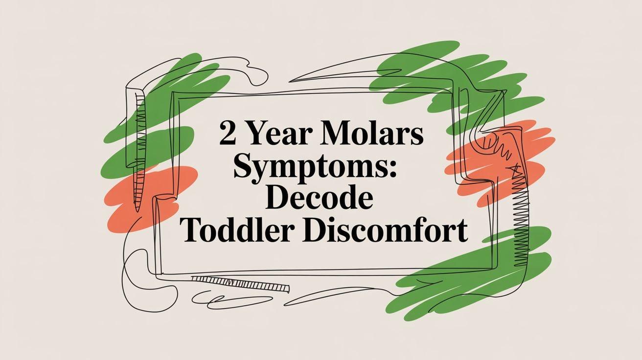 Banner-style image with the title: ‘2 Year Molars Symptoms: Decode Toddler Discomfort’ surrounded by green and orange abstract scribbles (informative image).