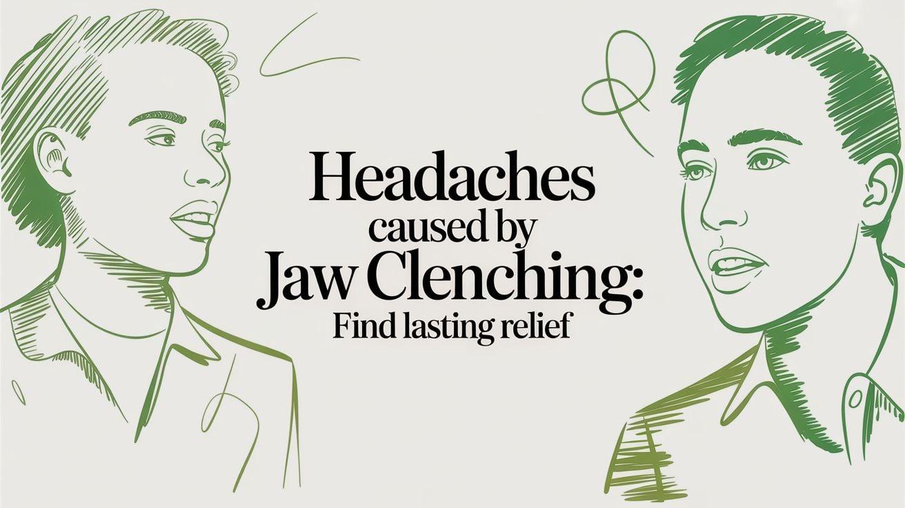 Green ink illustration of two people facing each other with bold headline about headaches caused by jaw clenching and relief.