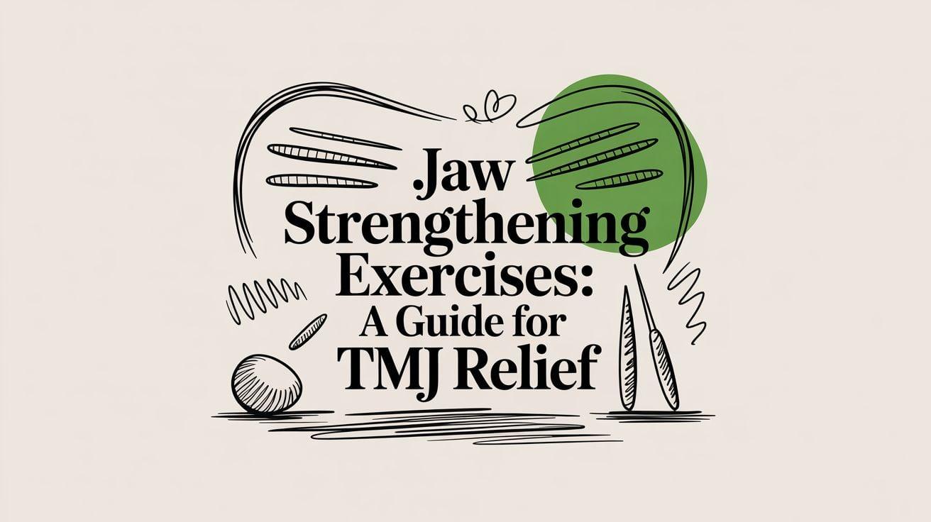 Illustrated title card: 'Jaw Strengthening Exercises: A Guide for TMJ Relief' with black doodle lines and a green oval on a beige background, decorative art.
