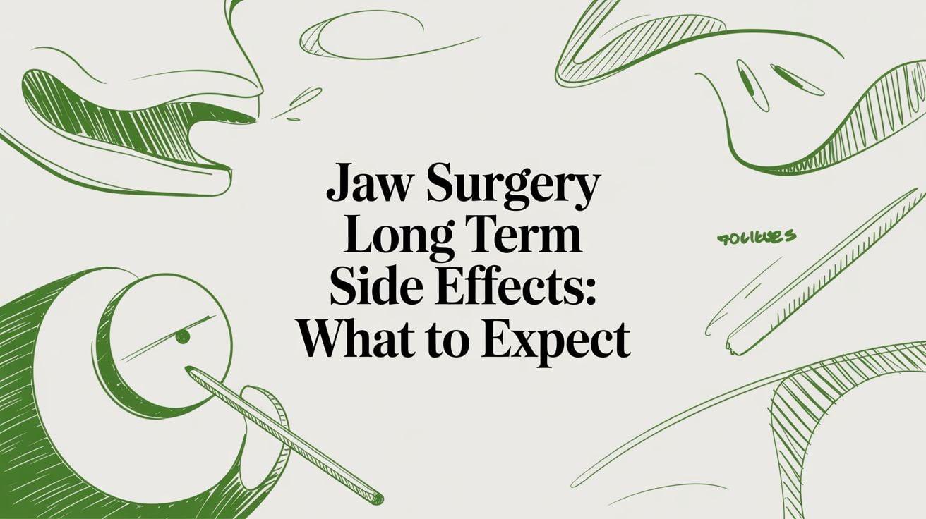Article title: 'Jaw Surgery Long Term Side Effects: What to Expect' with green dental line art around the text, like teeth and tools (informational image).