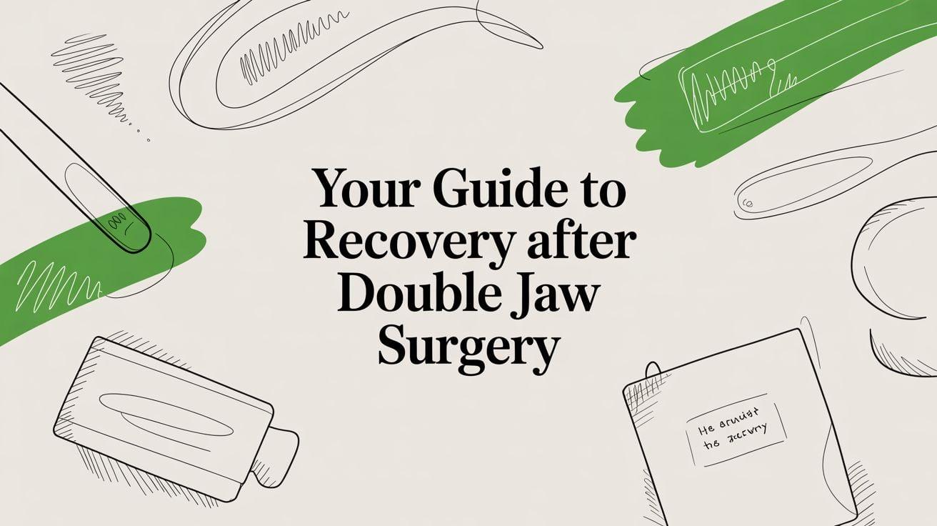 Decorative illustration for a jaw surgery recovery guide with dental sketches and green brush marks around the title.