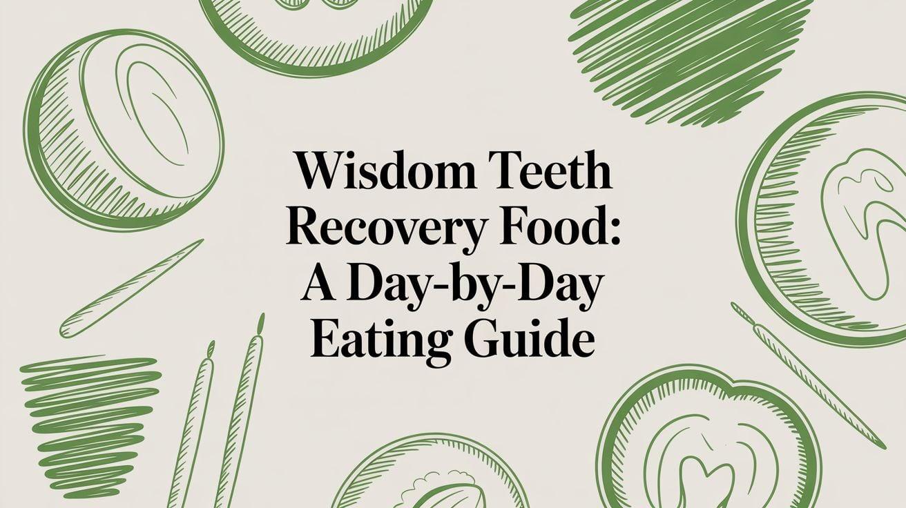 Cover image for an article: ‘Wisdom Teeth Recovery Food—A Day-by-Day Eating Guide,’ with green food doodles on a beige background.