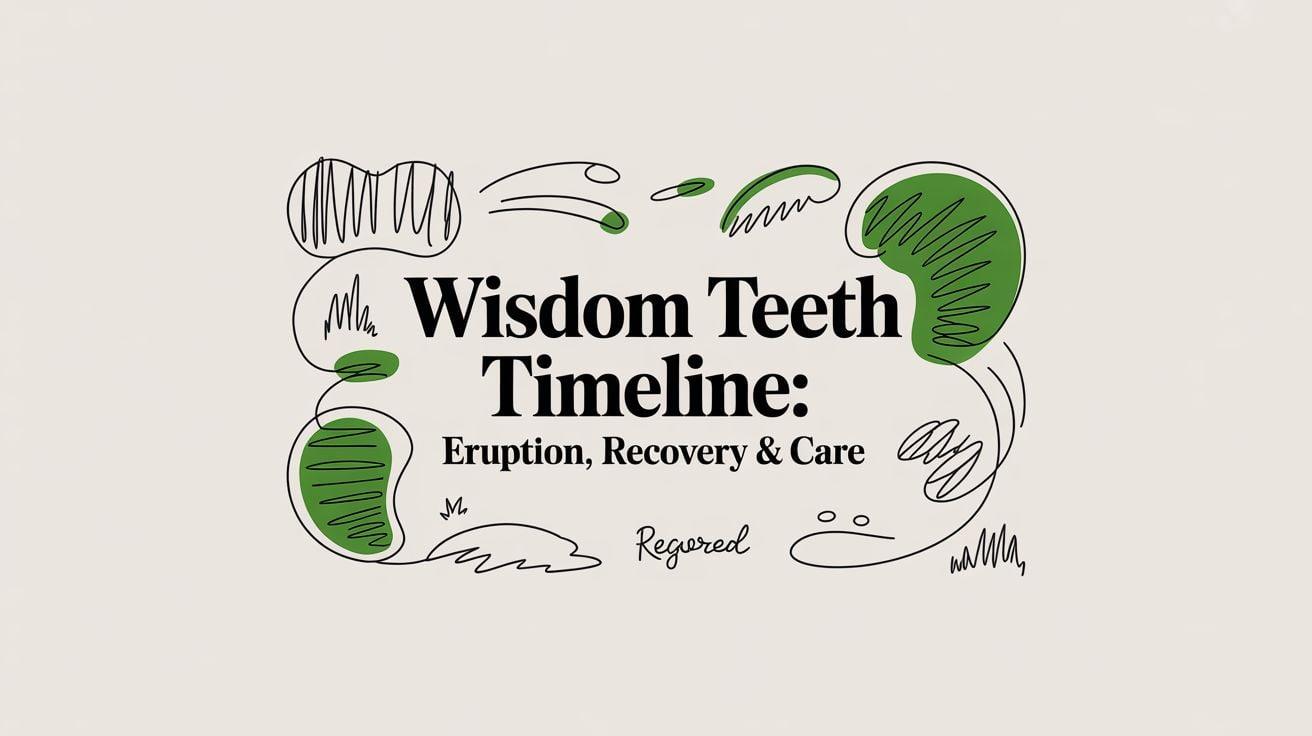 Graphic titled 'Wisdom Teeth Timeline: Eruption, Recovery & Care' with abstract doodles; used as an article header about wisdom teeth timelines.