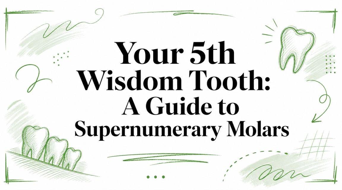 Hero graphic with the title 'Your 5th Wisdom Tooth: A Guide to Supernumerary Molars' and green decorative doodles in the margins.