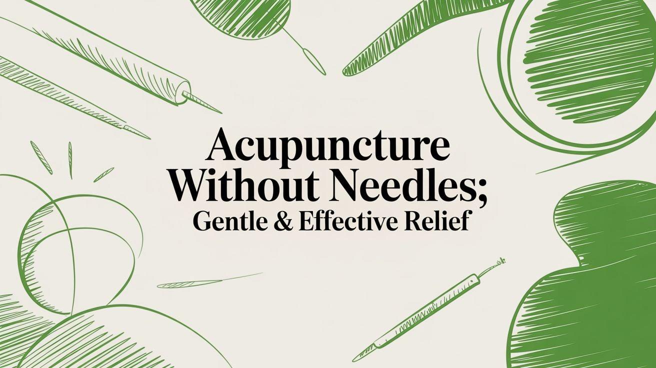 Green sketch illustration framing the title 'Acupuncture Without Needles; Gentle & Effective Relief' for a needle-free acupuncture promo.