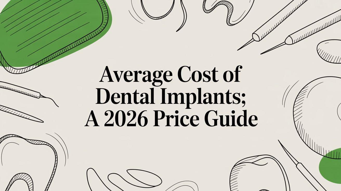 Headline: 'Average Cost of Dental Implants; A 2026 Price Guide' with dental tools surrounding.