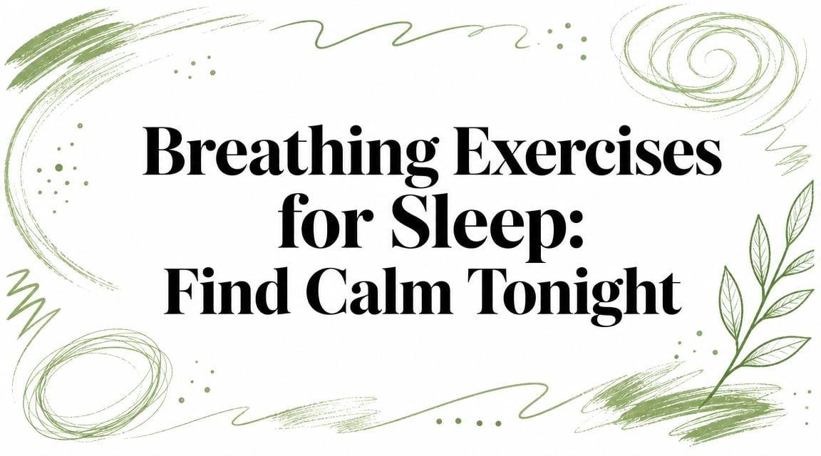 Title card: 'Breathing Exercises for Sleep: Find Calm Tonight' in bold black text, framed by green brush strokes and leaf motifs.