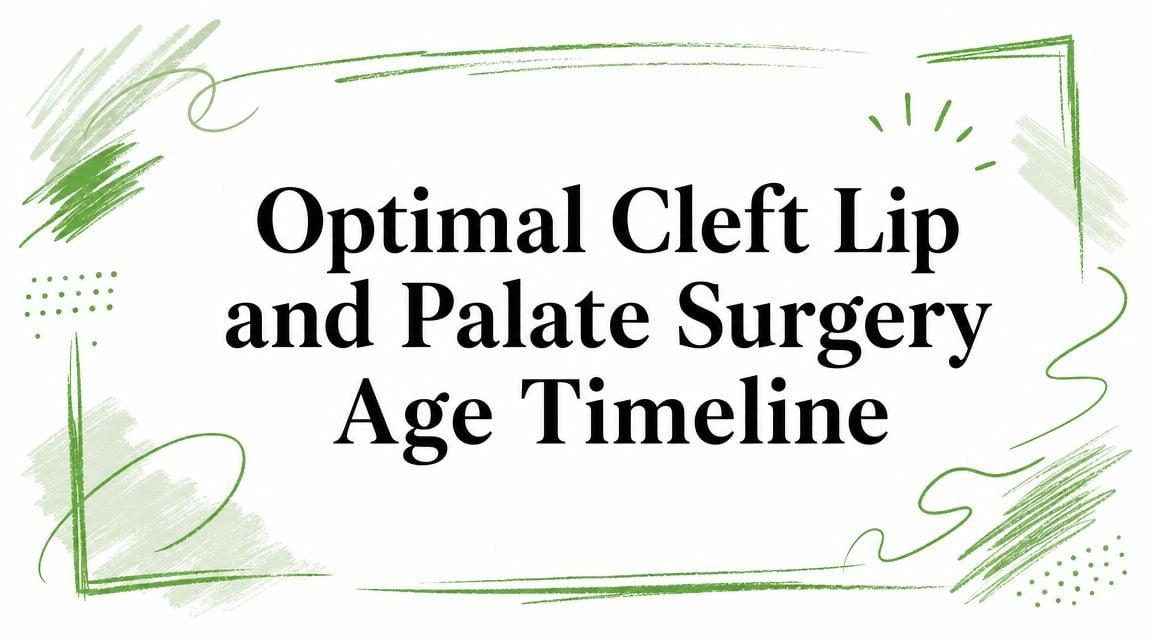 Graphic title: 'Optimal Cleft Lip and Palate Surgery Age Timeline' with green decorative brush strokes around the edges.