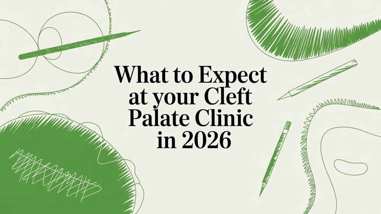 Title card: 'What to Expect at your Cleft Palate Clinic in 2026' surrounded by green abstract doodles on a light beige background