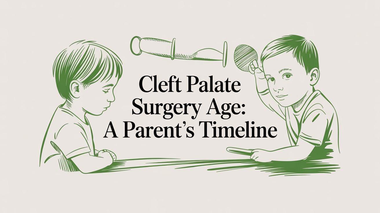 Illustration of two children with a syringe above and the title 'Cleft Palate Surgery Age: A Parent's Timeline' in the center.