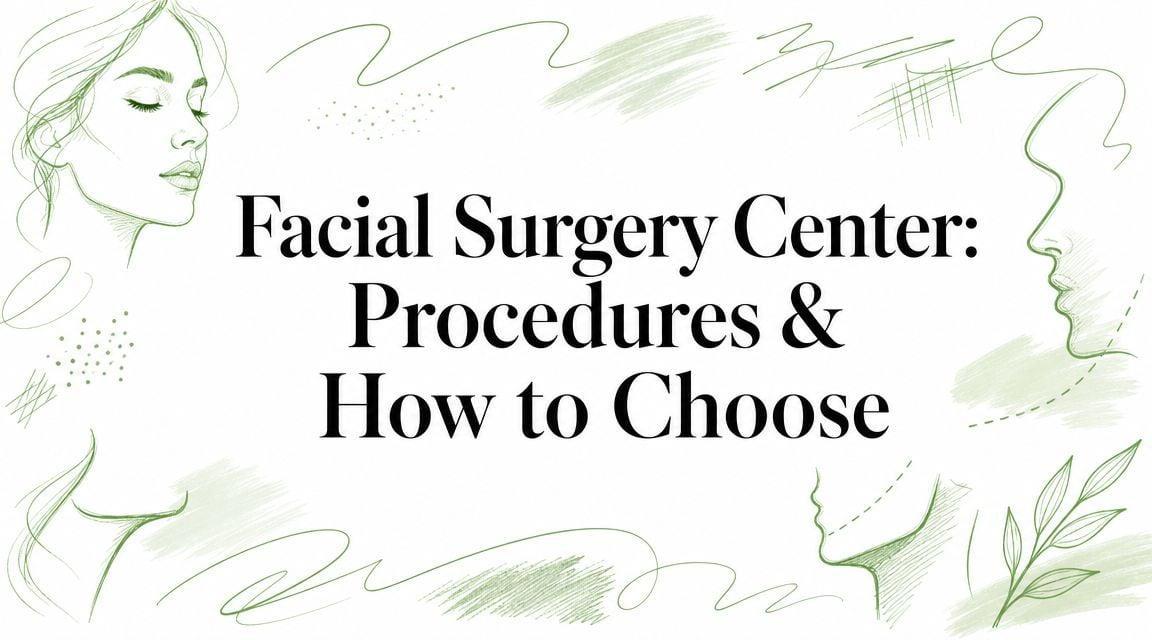 Banner with the title 'Facial Surgery Center: Procedures & How to Choose' in large serif font, surrounded by green sketch outlines of faces and abstract brushstrokes.