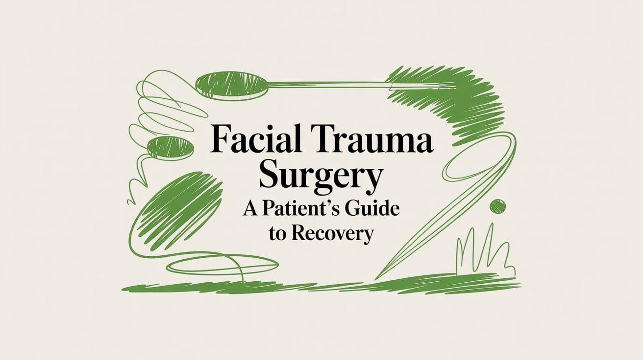 Cover graphic with the title 'Facial Trauma Surgery: A Patient's Guide to Recovery' surrounded by green abstract doodles.