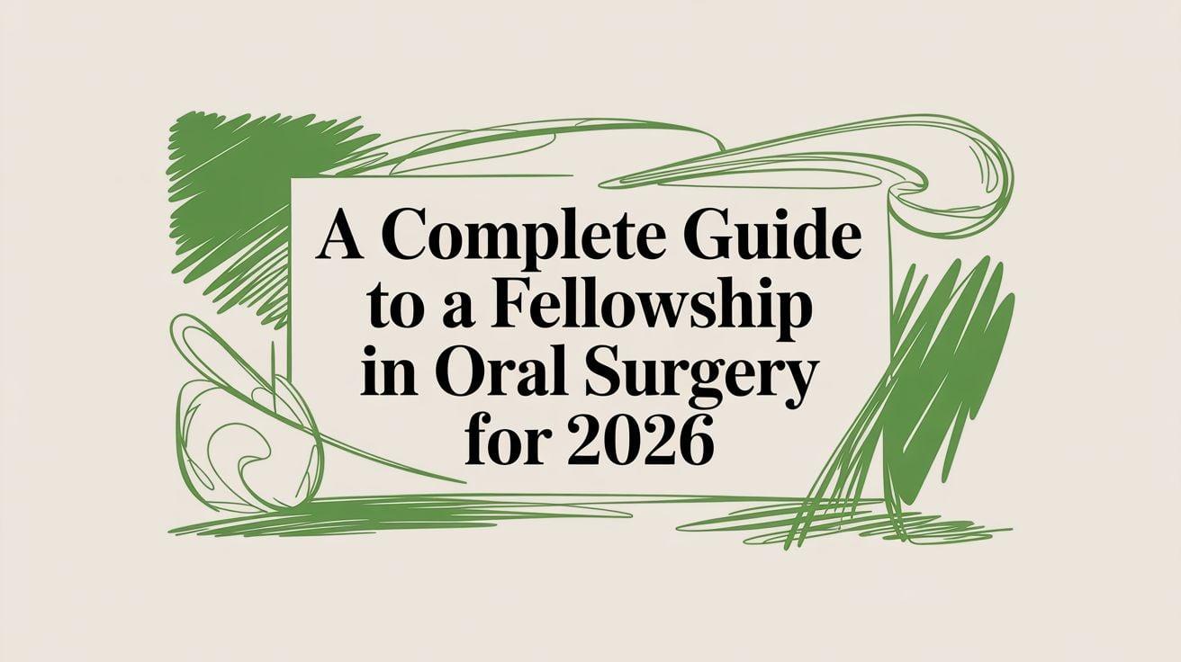 Cover image: 'A Complete Guide to a Fellowship in Oral Surgery for 2026' with green abstract doodles around the border