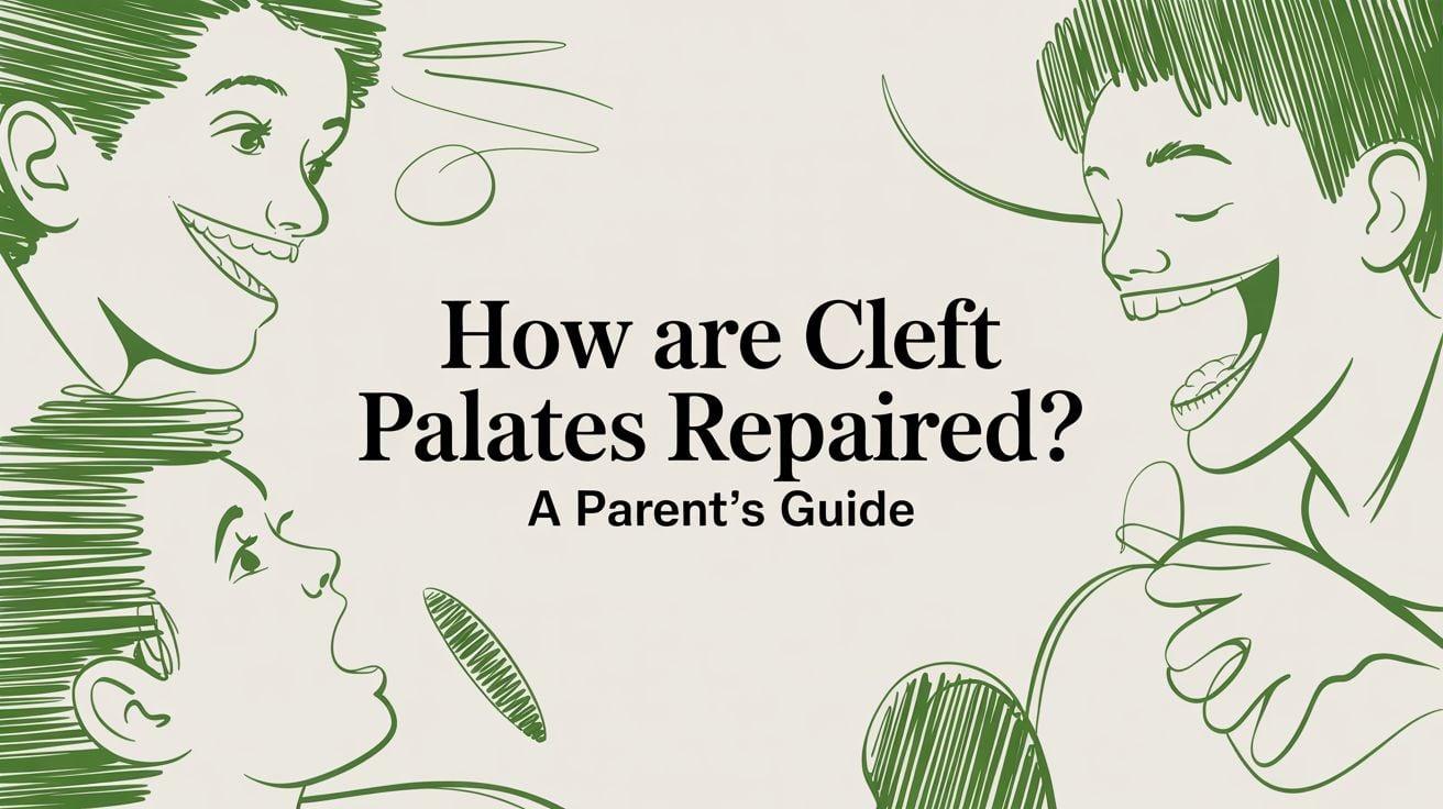 Green line-drawn outlines of a family around the title text: 'How are Cleft Palates Repaired? A Parent's Guide'—a family-oriented informational cover.