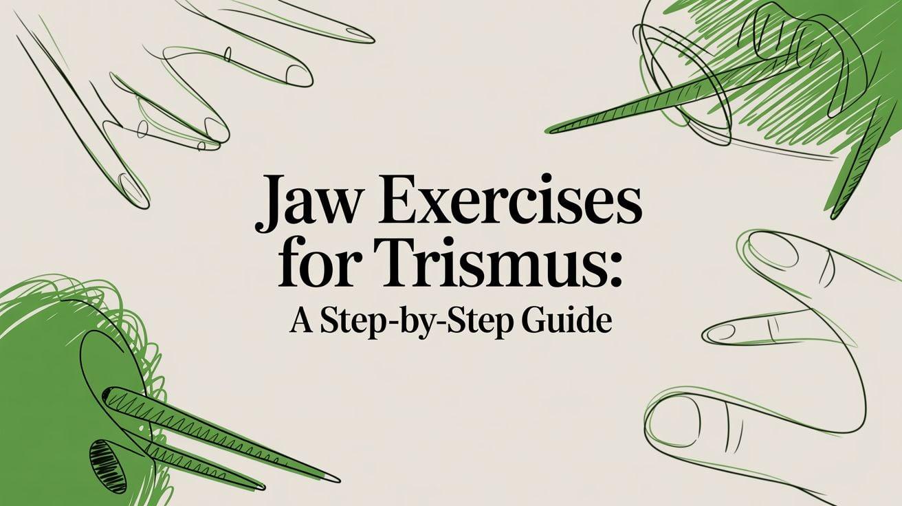 'Jaw Exercises for Trismus: A Step-by-Step Guide' title with abstract green-outlined hands around a beige background, a supportive teaching image.