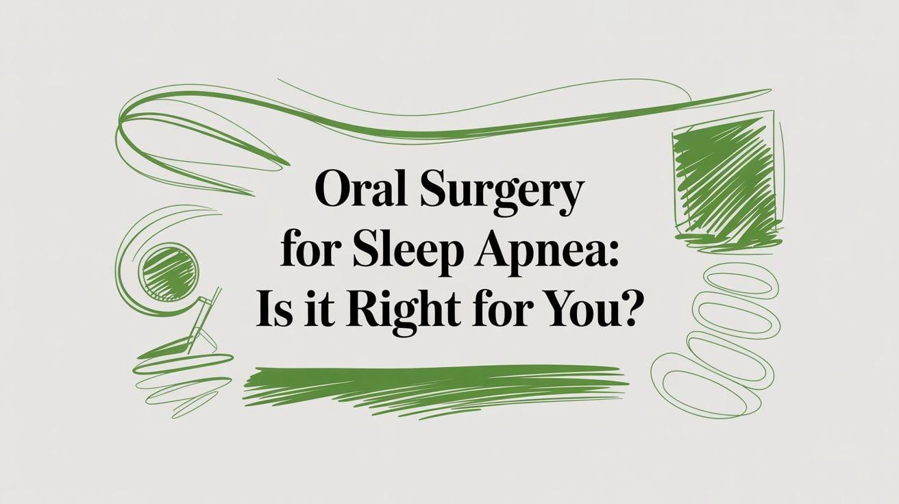 Typography banner: 'Oral Surgery for Sleep Apnea: Is it Right for You?' with green abstract swirls surrounding the text on a light background.
