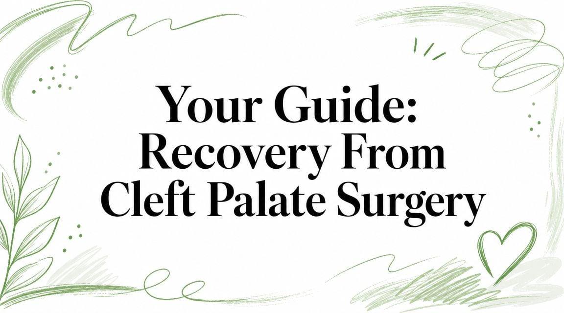 Guide cover: 'Your Guide: Recovery From Cleft Palate Surgery' with green decorative doodles and hearts, on white background.