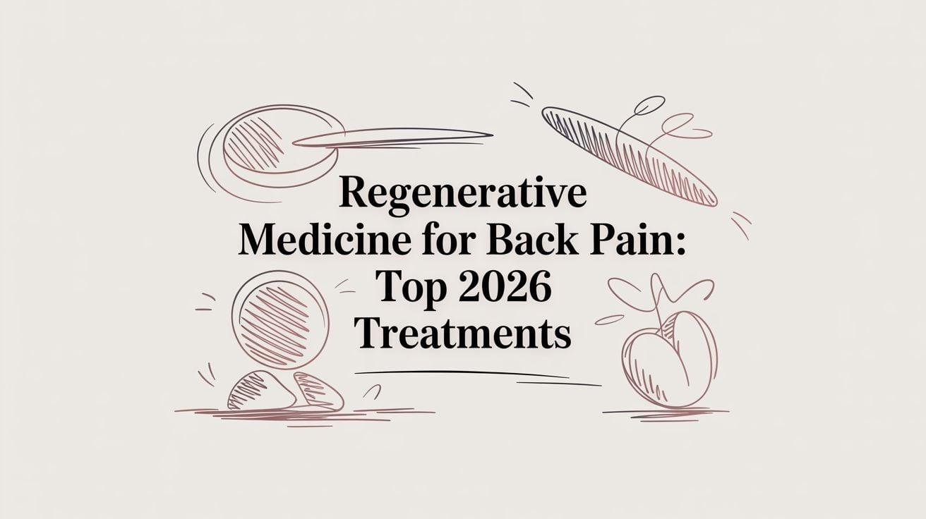 Title card: 'Regenerative Medicine for Back Pain: Top 2026 Treatments' with abstract, sketchy drawings around the text
