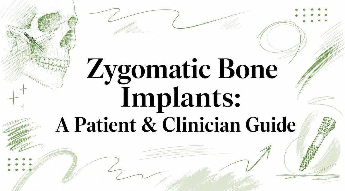 Cover title 'Zygomatic Bone Implants: A Patient & Clinician Guide' with light green medical doodles around.