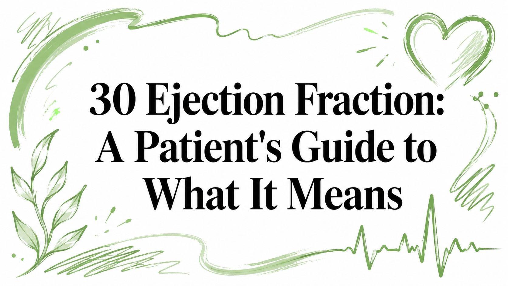 Title card reading '30 Ejection Fraction: A Patient's Guide to What It Means' framed by green decorative brush borders and a heart motif