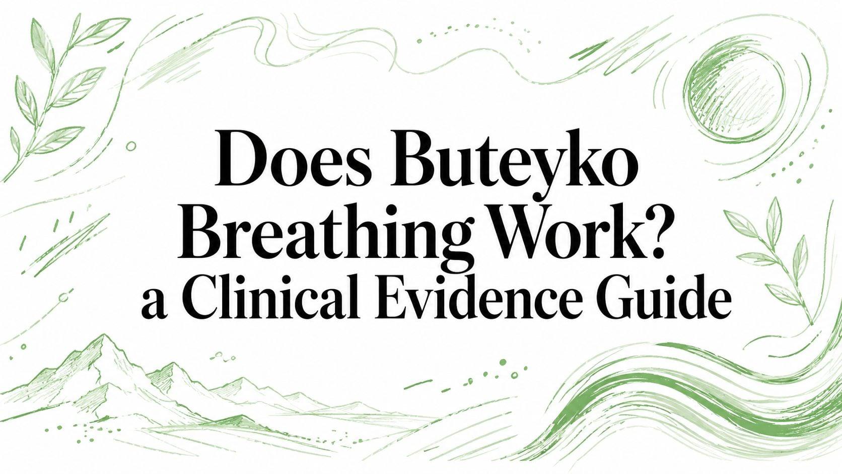 Banner: 'Does Buteyko Breathing Work? a Clinical Evidence Guide' with green botanical swirls around the text.