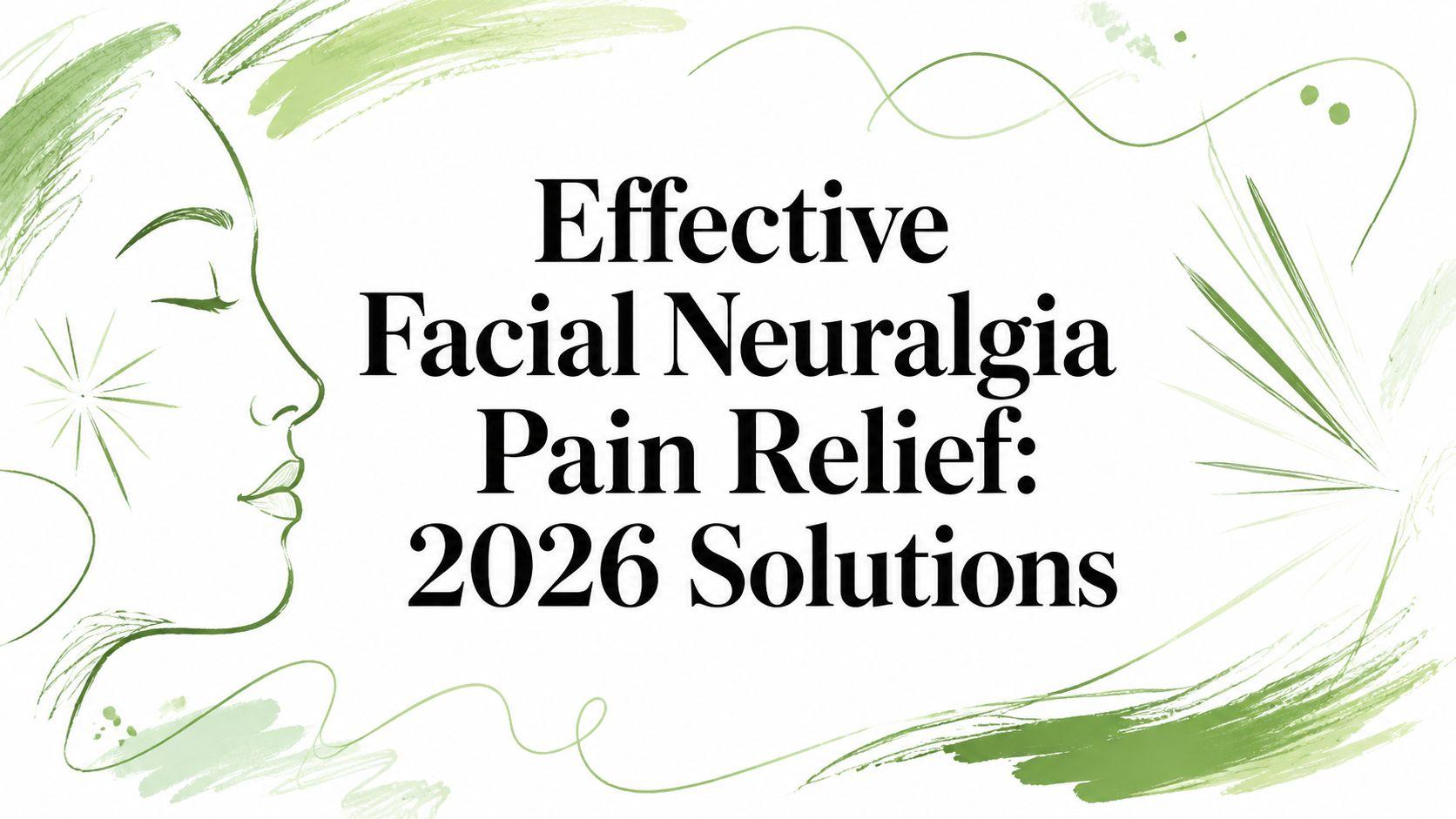 Promotional banner: 'Effective Facial Neuralgia Pain Relief: 2026 Solutions' with green brushstroke artwork on white background.