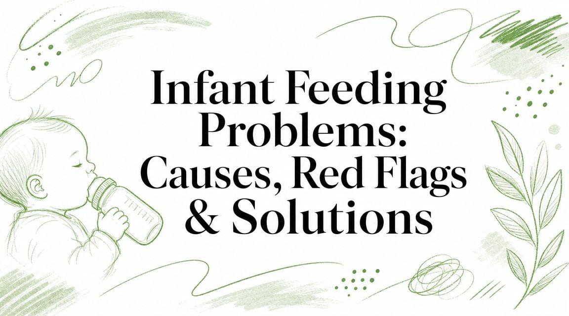 Cover with the title 'Infant Feeding Problems: Causes, Red Flags & Solutions' and a green sketch of a baby drinking from a bottle surrounded by doodles.