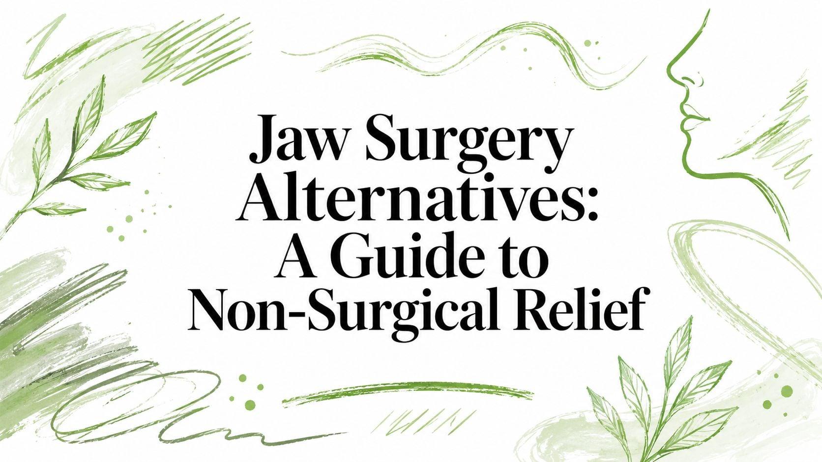 Graphic headline reading 'Jaw Surgery Alternatives: A Guide to Non-Surgical Relief' with green brush strokes around it.