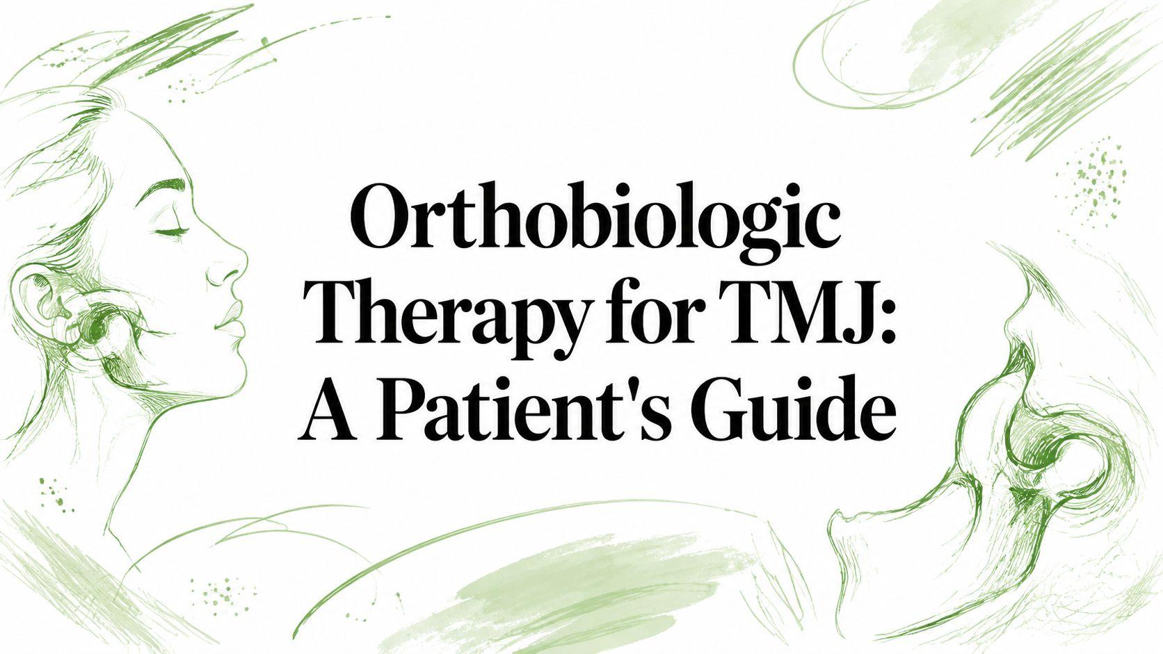 Cover title card: 'Orthobiologic Therapy for TMJ: A Patient's Guide' with green sketch profiles of a face left and jaw right around the text.