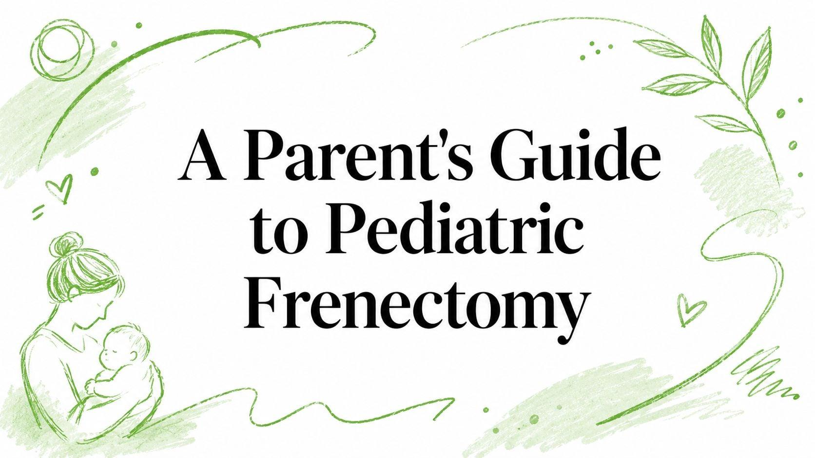 Cover image for a parent’s guide to pediatric frenectomy, showing a mother holding a baby with green decorative sketches around.