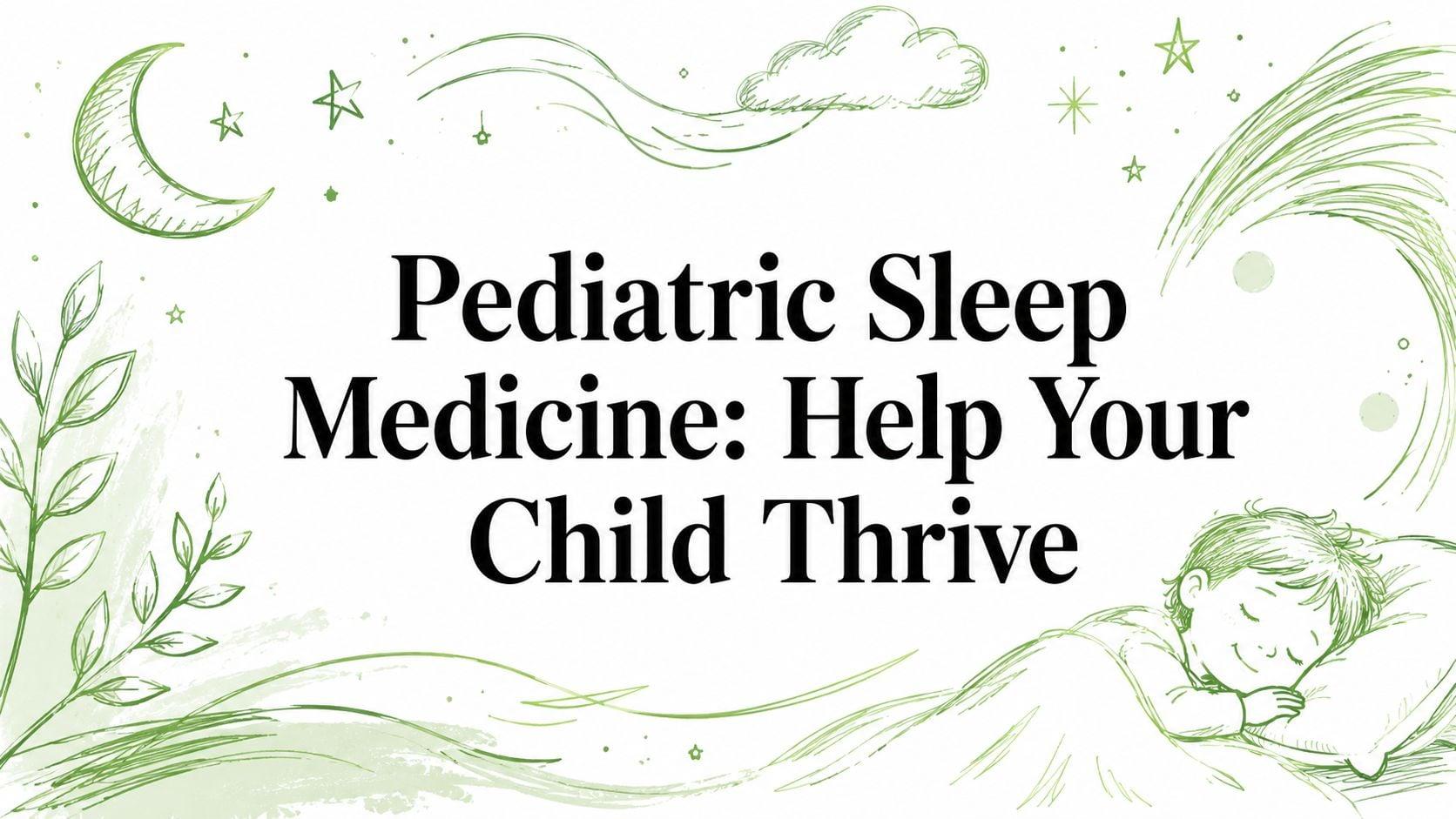 Banner with the title 'Pediatric Sleep Medicine: Help Your Child Thrive' and green doodle illustrations (moon, stars, leaves) surrounding a sleeping child motif.
