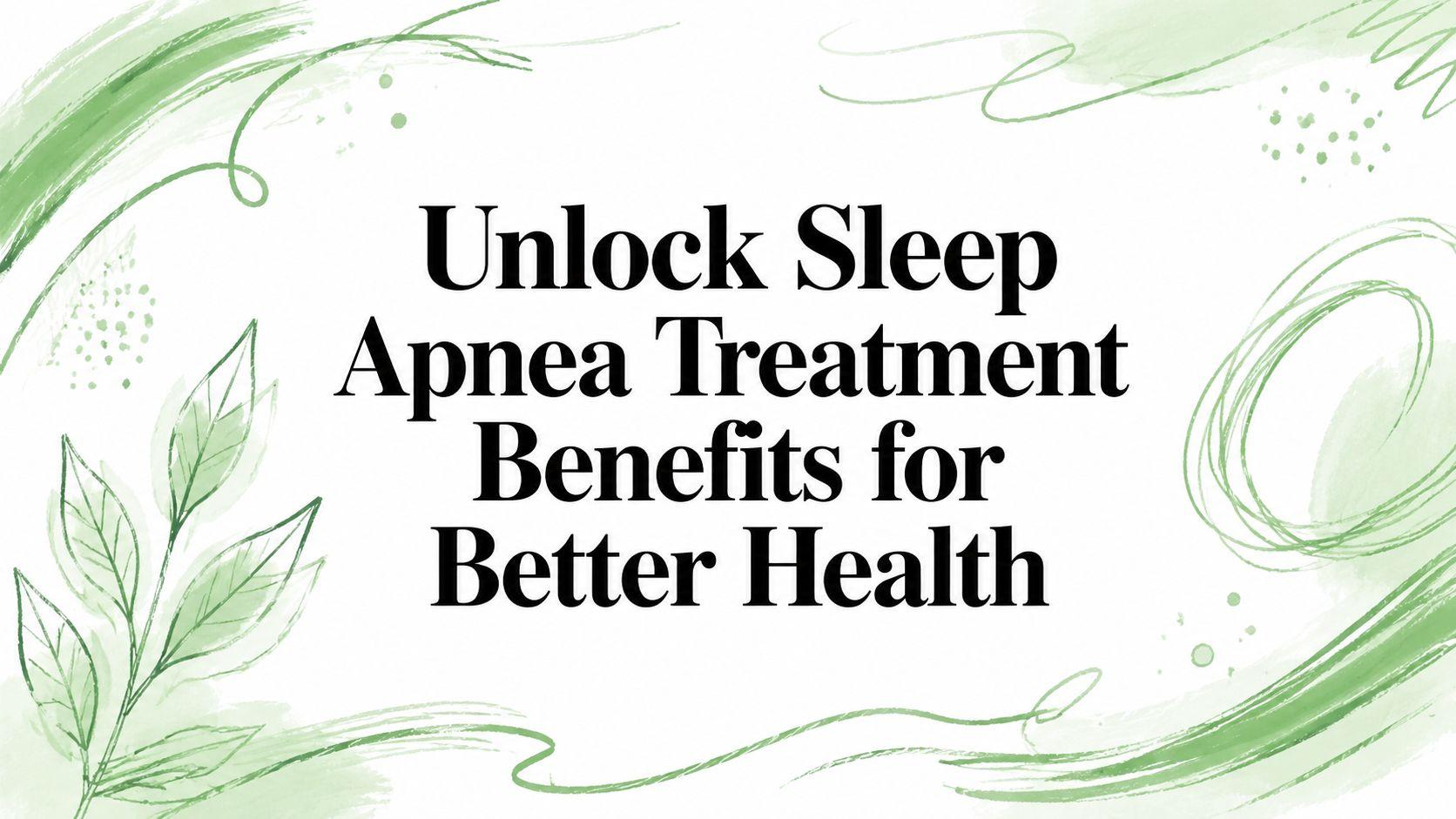 Banner text: 'Unlock Sleep Apnea Treatment Benefits for Better Health' with green leafy border decoration on white background.
