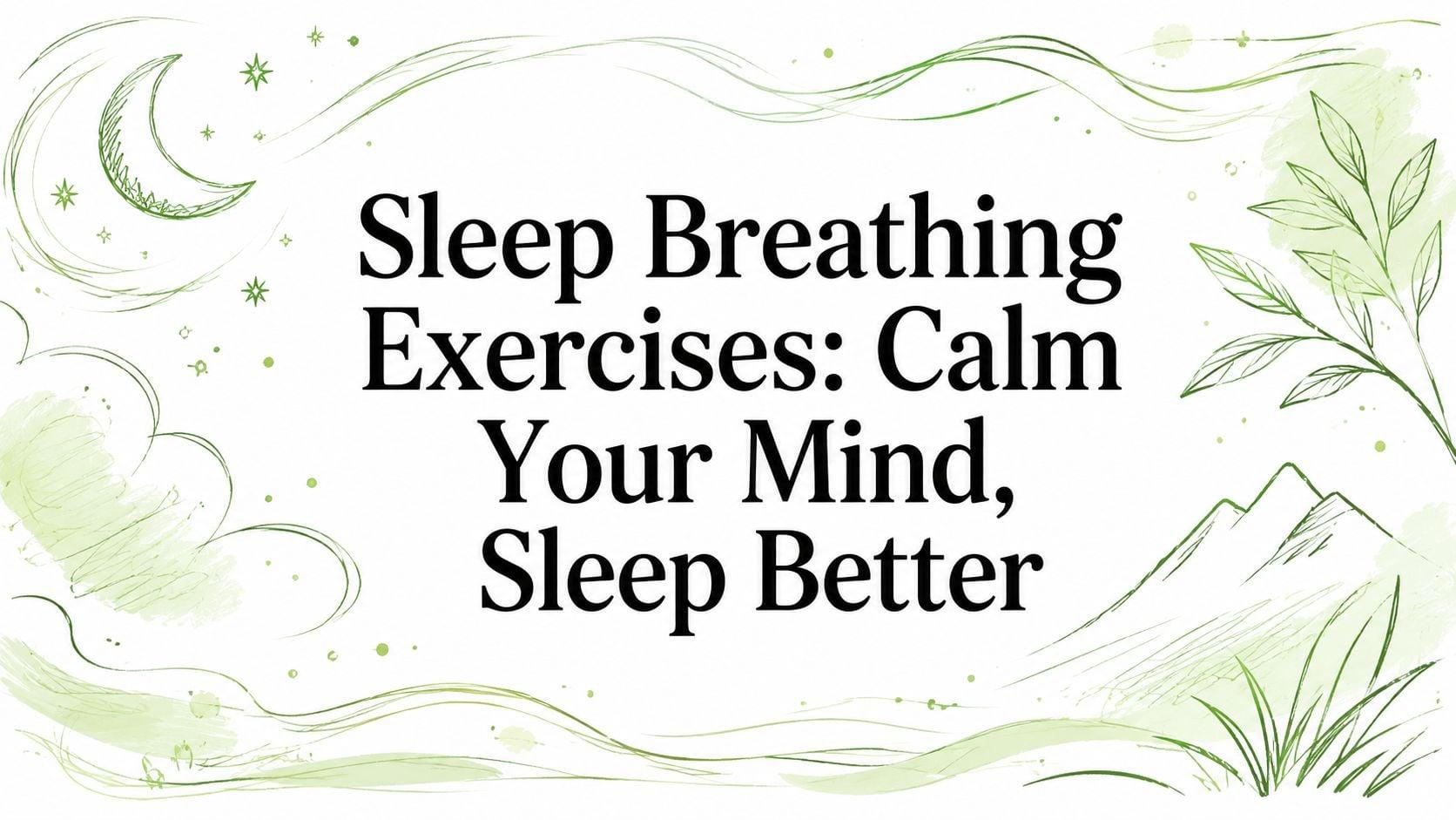 Banner promoting sleep breathing exercises to calm the mind and improve sleep, with green botanical doodles in the corners.