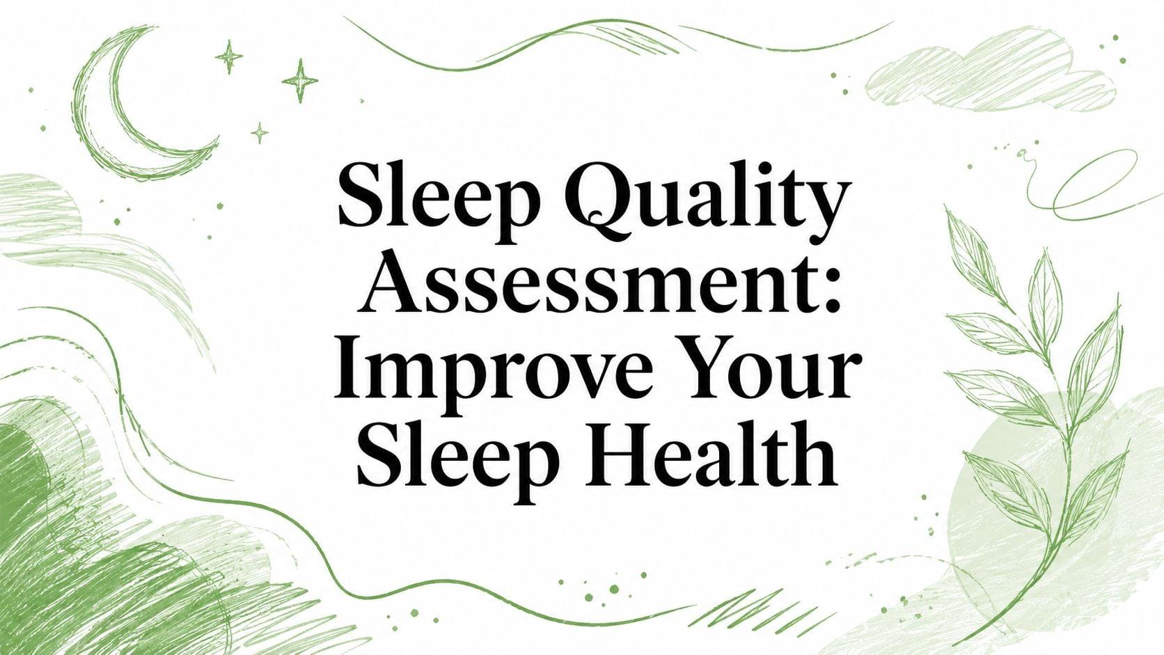 Banner headline: 'Sleep Quality Assessment: Improve Your Sleep Health' with green botanical doodles around the edges, decorative framing for a health article.