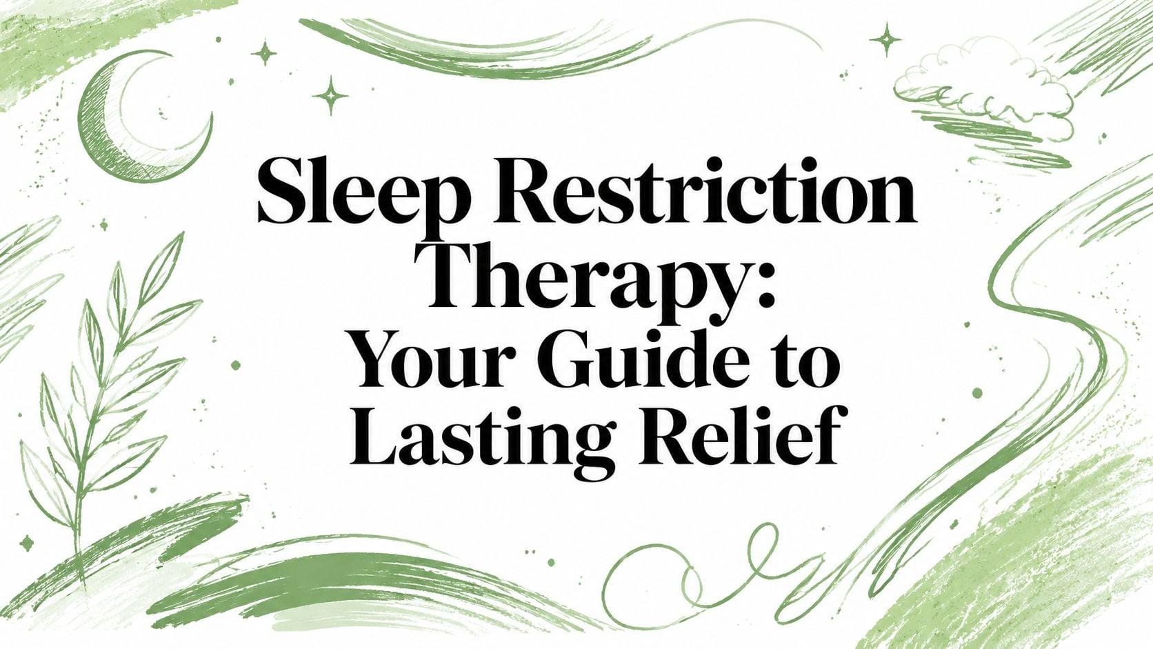 Decorative banner with green brush strokes and leaves, announcing 'Sleep Restriction Therapy: Your Guide to Lasting Relief.'