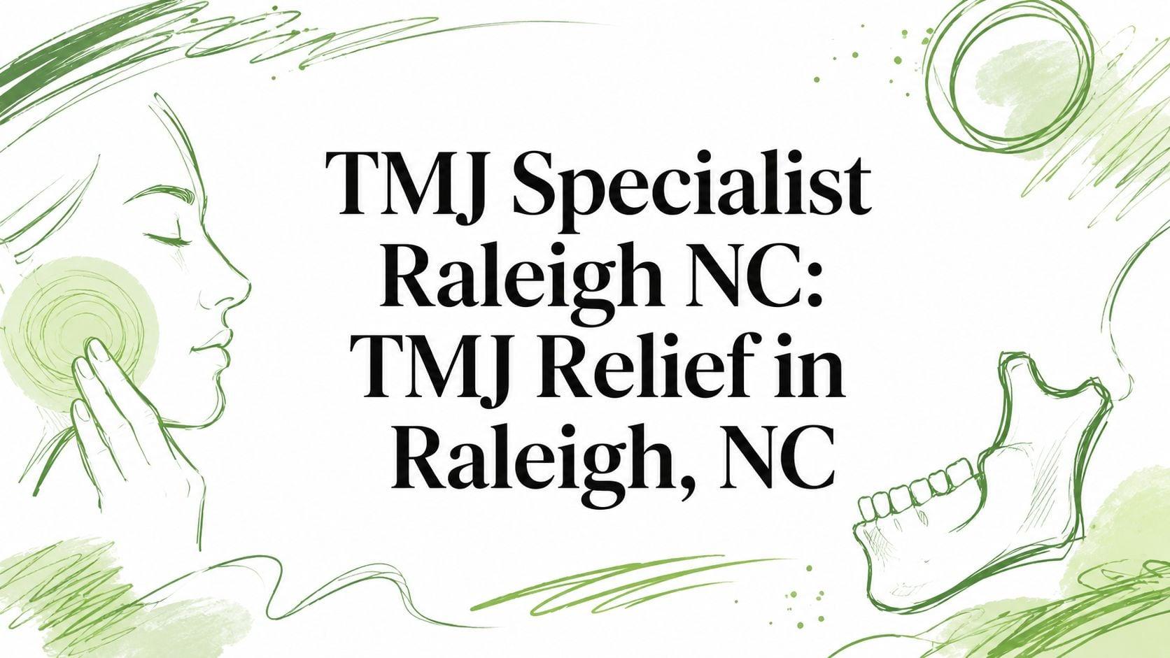 Banner announcing a TMJ specialist in Raleigh, NC with green sketch drawings of a head and jaw on a white background.