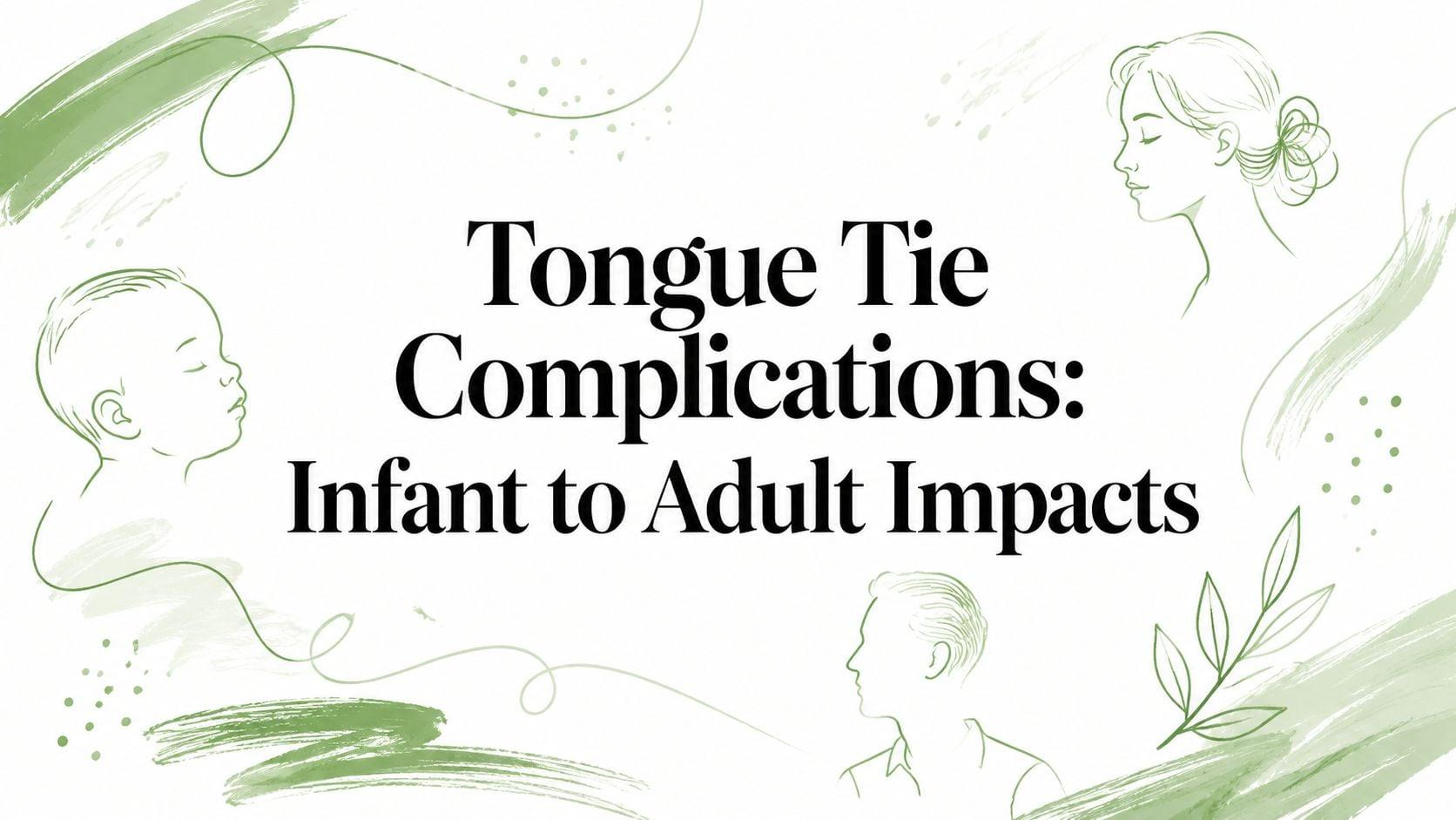 Title card: Tongue Tie Complications: Infant to Adult Impacts, surrounded by green line drawings of faces and leaves.