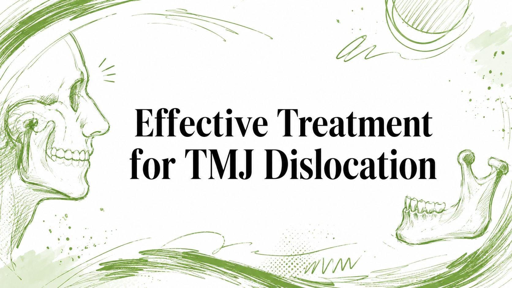 Informational image: title text 'Effective Treatment for TMJ Dislocation' framed by green skull sketches on white background.
