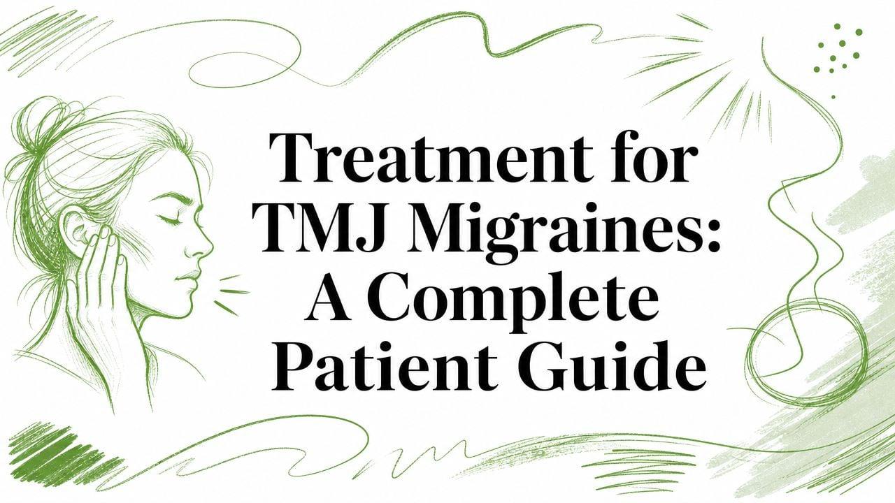 Title card for a patient guide: 'Treatment for TMJ Migraines: A Complete Patient Guide' with a green sketch of a woman touching her jaw.