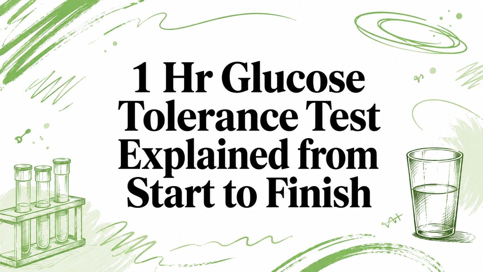 Bold banner reading '1 Hr Glucose Tolerance Test Explained from Start to Finish' with green lab-art decorations (test tubes and glass) around it, informative caption style