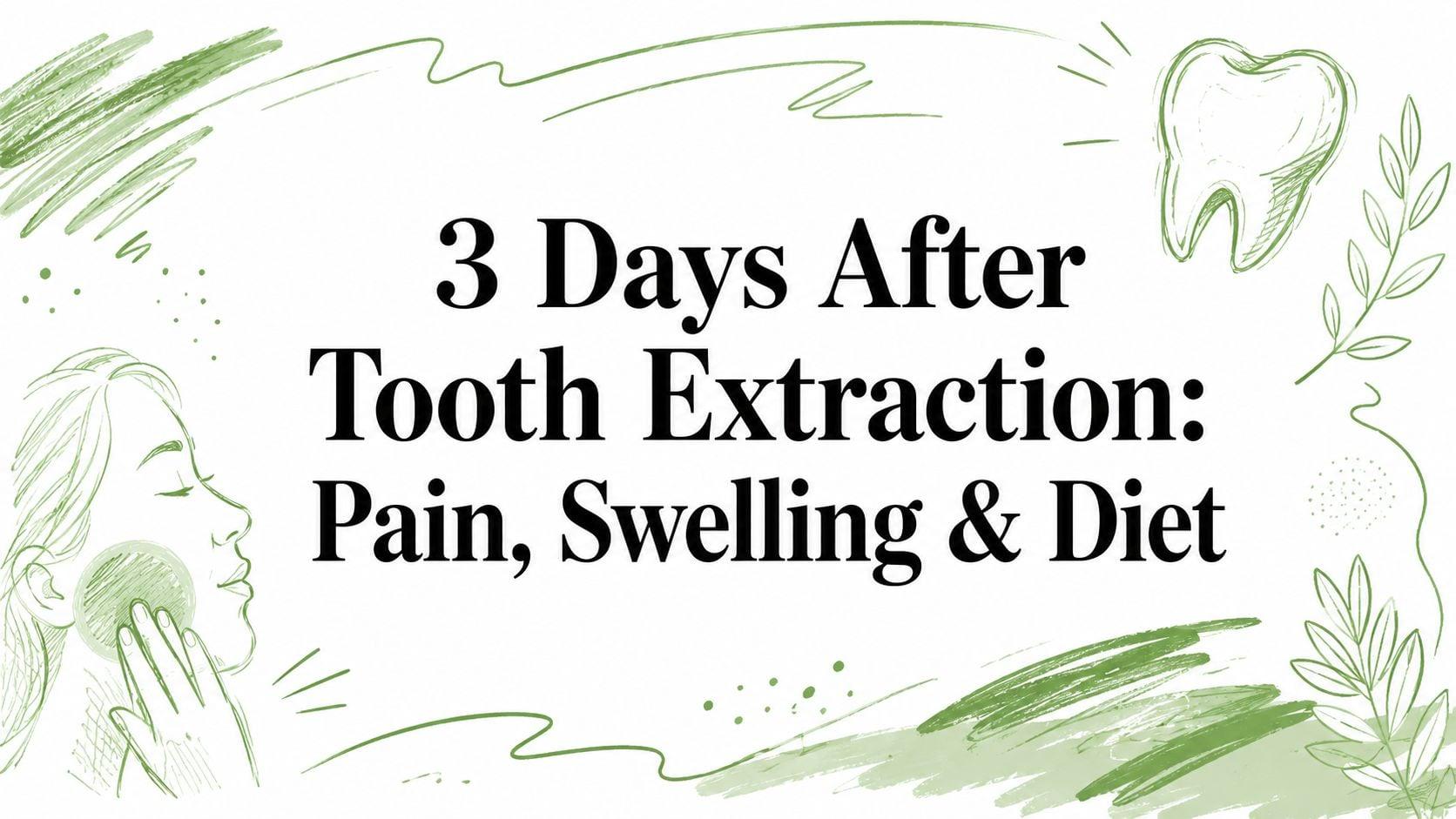 Banner header: '3 Days After Tooth Extraction: Pain, Swelling & Diet' with green botanical sketches and a person touching their cheek, conveying post-extraction care.