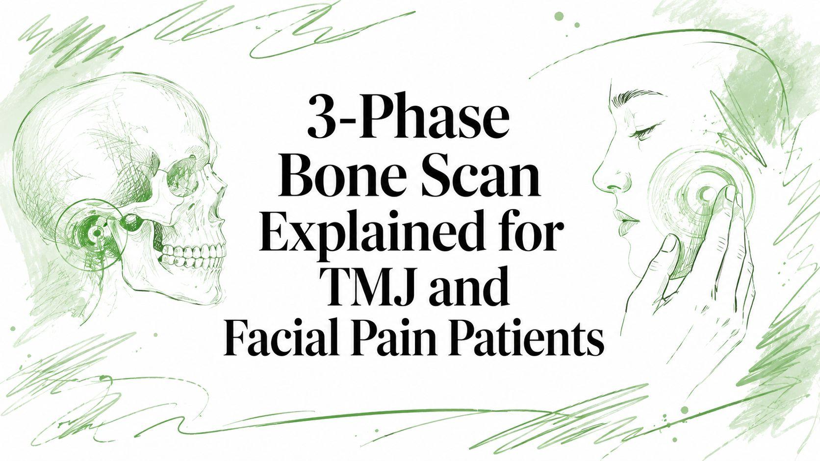 Green sketch of a skull on the left and a person pressing a device to their jaw on the right, with the title: 3-Phase Bone Scan Explained for TMJ and Facial Pain Patients (informational banner).