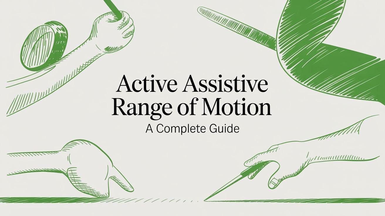 Cover image for 'Active Assistive Range of Motion: A Complete Guide' with green line-drawn hands and tools on a light background, emphasizing therapy and guidance.